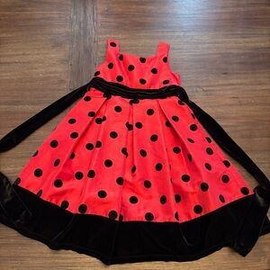 The Best “Lady Bug Girl” Dress Ever! Red Polka Dot Dress w/ Black Velvet Accents